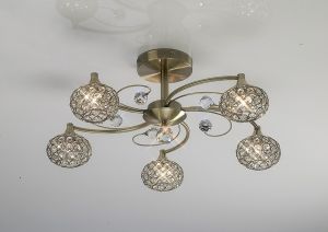 Cara Semi Flush 5 Light G9 Antique Brass/Crystal