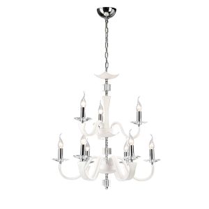 Nardini 65cm Pendant 2 Tier 9 Light E14 Polished Chrome/White Faux Leather/Crystal