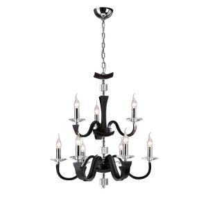 Nardini Pendant 2 Tier 9 Light E14 Polished Chrome/Black Faux Leather/Crystal