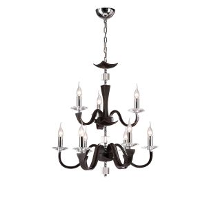 Nardini 65cm Pendant 2 Tier 9 Light E14 Polished Chrome Dark Brown Faux Leather/Crystal