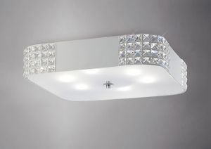 Denver Square Flush Ceiling 6 Light E27, Matt White/Frosted Glass/Polished Chrome