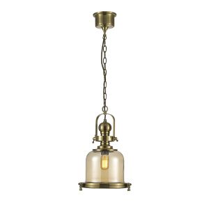 Riley Single Small Bell Pendant 1 Light E27 Antique Brass/Cognac Glass
