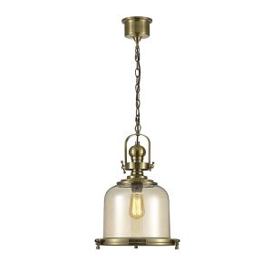Riley Single Medium Bell Pendant 1 Light E27 Antique Brass/Cognac Glass