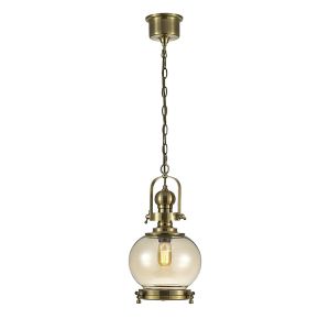 Riley 24cm Single Small Ball Pendant 1 Light E27 Antique Brass/Cognac Glass