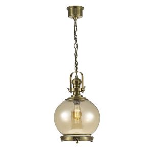 Riley Single Medium Ball Pendant 1 Light E27 Antique Brass/Cognac Glass