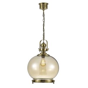 Riley Single Large Ball Pendant 1 Light E27 Antique Brass/Cognac Glass