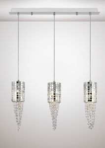 Camden Linear Pendant 3 Light G9 Line Polished Chrome, Mosaic Glass, Crystal