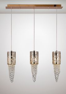 Camden Linear Pendant 3 Light G9 Line Rose Gold, Mosaic Glass, Crystal