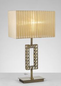 Florence Rectangle Crystal Table Lamp With Soft Bronze Shade 1 Light E27 Antique Brass