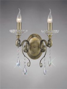 Libra Wall Lamp Switched 2 Light E14 Antique Brass/Crystal