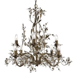 Cavinonandite - 8 Light Ceiling, Brown Gold Finish With Leaf Dressing And Clear Crystal Deco