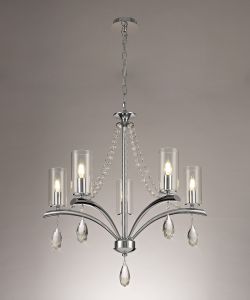 Rhea 64cm Pendant 5 Light E14 Polished Chrome/Crystal With Clear Glass