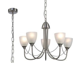 Cooper 54cm Ceiling 5 Light Pendant Convertible To Semi Flush E14 Satin Nickel/Opal Glass