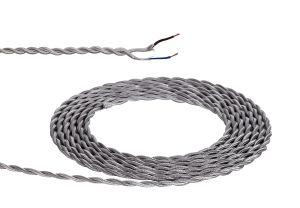 Cavo 1m Silver Braided Twisted 2 Core 0.75mm Cable VDE Approved (qty ordered will be supplied as one continuous length)