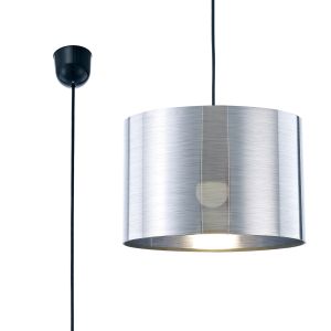 Dako 30cm Black Pendant 1 Light E27 With 300 x 200mm Metallic Chrome Finish Cylinder Shade, c/w Ceiling Bracket