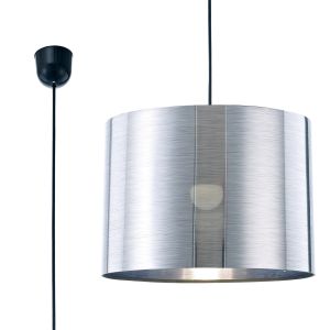 Dako 35cm Black Pendant 1 Light E27 With 350 x 250mm Metallic Chrome Finish Cylinder Shade, c/w Ceiling Bracket