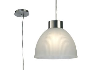 Hof Single Pendant 1 Light E27, Satin Nickel/ Frosted Ribbed Glass Shade