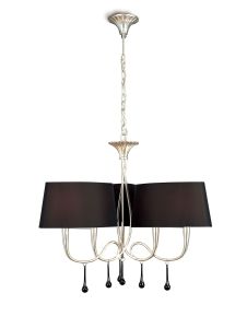 Paola 64cm Pendant 3 Arm 6 Light E14, Silver Painted With Black Shades & Black Glass Droplets