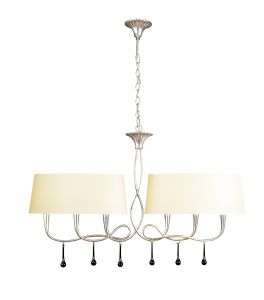 Paola Linear Pendant 2 Arm 6 Light E14, Silver Painted With Cream Shades & Black Glass Droplets