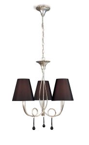 Paola 55cm Pendant 3 Light E14, Silver Painted With Black Shades & Black Glass Droplets