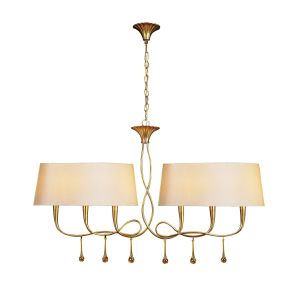 Paola Linear Pendant 2 Arm 6 Light E14, Gold Painted With Cream Shades & Amber Glass Droplets (3541)