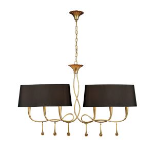 Paola Linear Pendant 2 Arm 6 Light E14, Gold Painted With Black Shades & Amber Glass Droplets