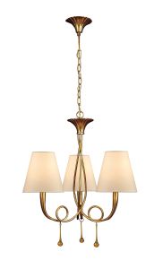 Paola 55cm Pendant 3 Light E14, Gold Painted With Cream Shades & Amber Glass Droplets (3542)