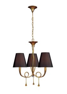 Paola Pendant 3 Light E14, Gold Painted With Black Shades & Amber Glass Droplets