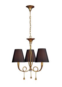 Paola 55cm Pendant 3 Light E14, Gold Painted With Black Shades & Amber Glass Droplets