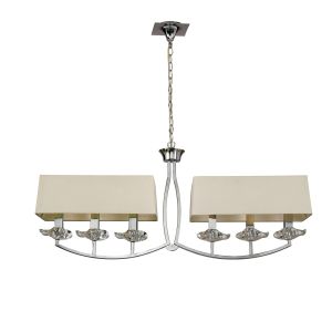 Akira Linear Pendant 2 Arm 6 Light E14, Polished Chrome With Cream Shades