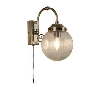 Belvue 1 Light Bathroom IP44 Wall Light, Clear Globe Shade, Antique Brass