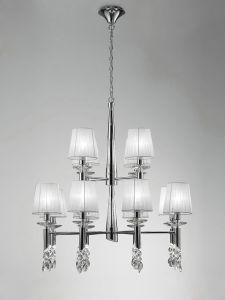 Tiffany Pendant 2 Tier 12+12 Light E14+G9, Polished Chrome With White Shades & Clear Crystal