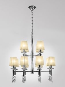 Tiffany 85cm Pendant 2 Tier 12+12 Light E14+G9, Polished Chrome With Cream Shades & Clear Crystal