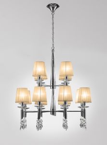 Tiffany Pendant 2 Tier 12+12 Light E14+G9, Polished Chrome With Soft Bronze Shades & Clear Crystal