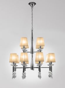 Tiffany 85cm Pendant 2 Tier 12+12 Light E14+G9, Polished Chrome With Soft Bronze Shades & Clear Crystal