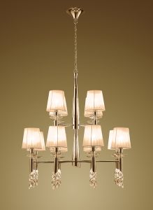 Tiffany Pendant 2 Tier 12+12 Light E14+G9, French Gold With Soft Bronze Shades & Clear Crystal