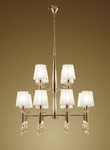 Tiffany 85cm Pendant 2 Tier 12+12 Light E14+G9, French Gold With White Shades & Clear Crystal