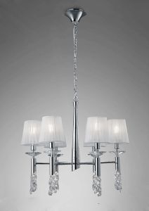 Tiffany 66cm Pendant 6+6 Light E14+G9, Polished Chrome With White Shades & Clear Crystal