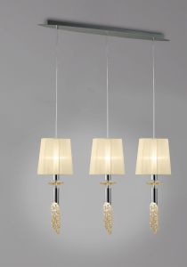 Tiffany Linear Pendant 3+3 Light E27+G9 Line, Polished Chrome With Cream Shades & Clear Crystal