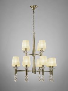 Tiffany Pendant 2 Tier 12+12 Light E14+G9, Antique Brass With Cmozarella Shades & Clear Crystal