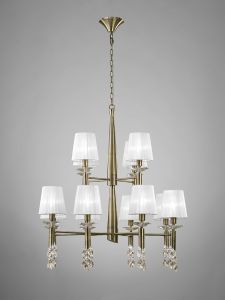 Tiffany Pendant 2 Tier 12+12 Light E14+G9, Antique Brass With White Shades & Clear Crystal