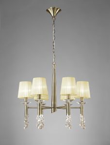 Tiffany 66cm Pendant 6+6 Light E14+G9, Antique Brass With Cream Shades & Clear Crystal