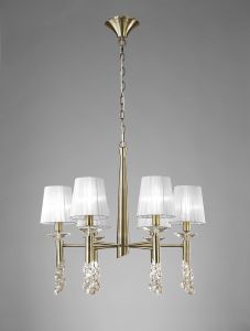 Tiffany 66cm Pendant 6+6 Light E14+G9, Antique Brass With White Shades & Clear Crystal