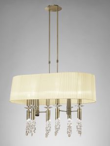 Tiffany Pendant 6+6 Light E27+G9 Oval, Antique Brass With Cream Shade & Clear Crystal