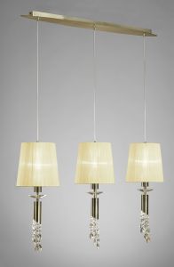 Tiffany Linear Pendant 3+3 Light E27+G9 Line, Antique Brass With Cmozarella Shades & Clear Crystal