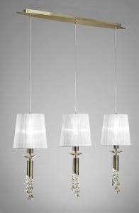 Tiffany Linear Pendant 3+3 Light E27+G9 Line, Antique Brass With White Shades & Clear Crystal