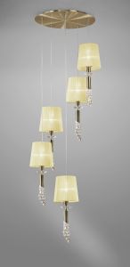 Tiffany 60cm Pendant 5+5 Light E27+G9 Spiral, Antique Brass With Cream Shades & Clear Crystal