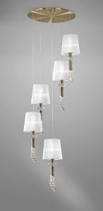 Tiffany 60cm Pendant 5+5 Light E27+G9 Spiral, Antique Brass With White Shades & Clear Crystal
