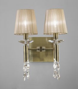 Tiffany Wall Lamp Switched 2+2 Light E14+G9, Antique Brass With Soft Bronze Shades & Clear Crystal