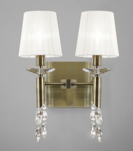 Tiffany Wall Lamp Switched 2+2 Light E14+G9, Antique Brass With White Shades & Clear Crystal